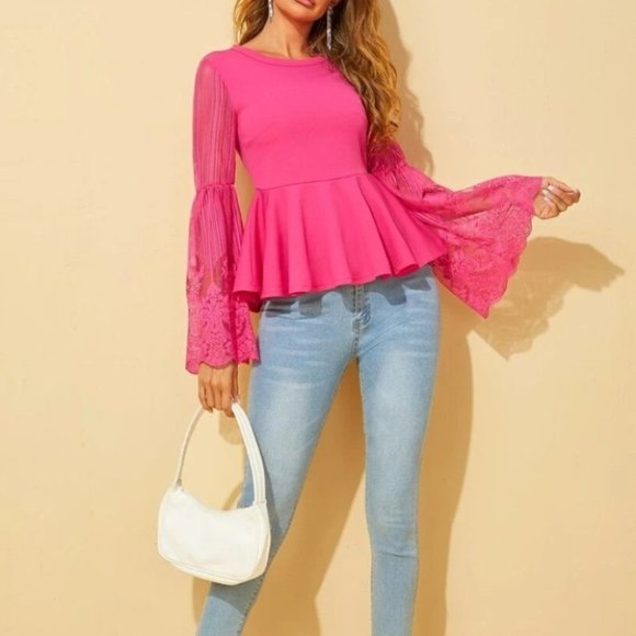 Lace Detail Bell Sleeve Ruffle Hem Top - Picture 4 of 5